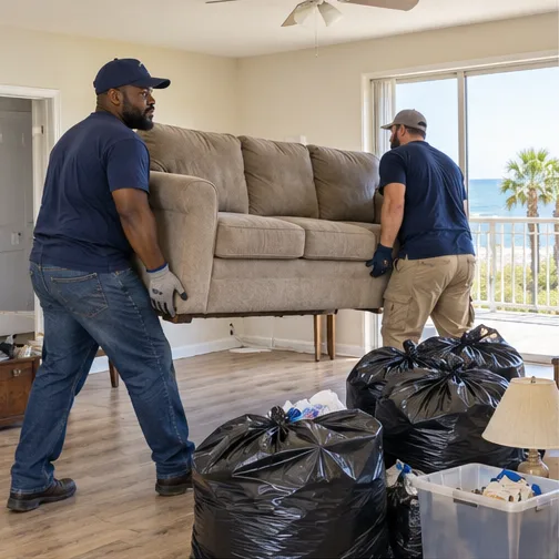 Crew carrying a sofa through a bright rental living room